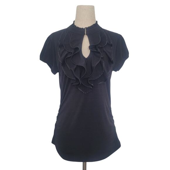 Y2k Ruffle Front Keyhole Short Sleeve Top Sz M Black Goth Victorian Vamp Witchy - Picture 1 of 9